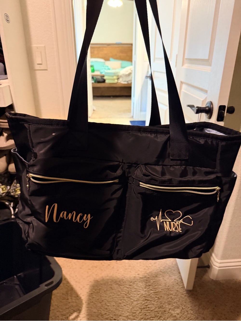 Personalized Black Nurse Tote Bag with Gold Trim - Custom Name